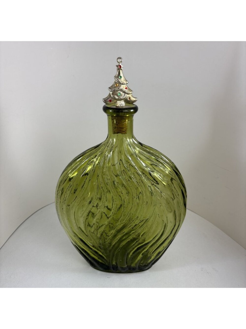 Vintage 1970s Avocado Green Glass Decanter Genie Bottle Christmas Tree Cork Top